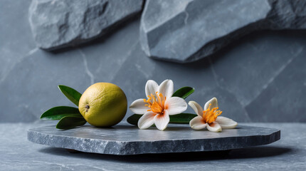 Tranquil Spa Promotion Featuring Stone Display Grey Marble and Orange Blossom Infused with Neroli Fruit for Skin Care Renewal Beauty Poster Mockup
