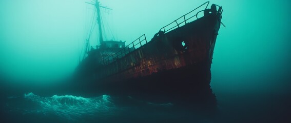 Fototapeta premium Rusty abandoned ship emerges from thick fog near coastal waters during a gloomy day