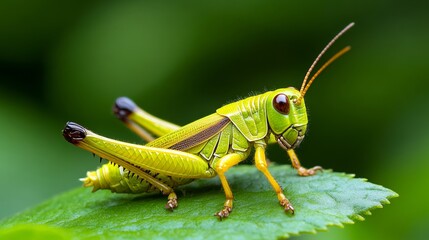 Fototapeta premium Green grasshopper is sitting on a leaf, which is also green. The grasshopper has a brown stripe on its back