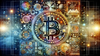 A vibrant digital collage featuring Bitcoin and various technological elements.
