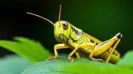 Green grasshopper is standing on a leaf. The grasshopper is looking at the camera