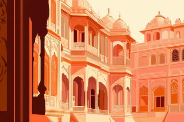 Fototapeta premium Stunning Architectural Details of Ornate Traditional Indian Palace with Intricate Carvings and Vibrant Colors, Showcasing Cultural Heritage and Artistic Excellence