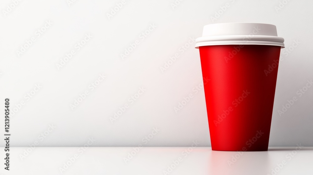 Poster red cup with a white lid sits on a white table. the cup is empty and the lid is on top. the image ha