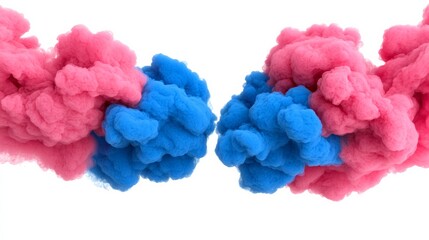 Obraz premium Two clouds of smoke, one blue and one pink, with a white background. The smoke is thick and dense, creating a sense of weight and heaviness