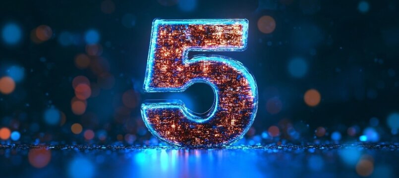 Glowing Digital Single 3D Number 5 in Futuristic Style on Digital Abstract Background