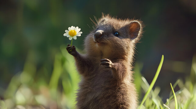 of a quokka nibbling on a leaf with its adorable face in sharp focus 