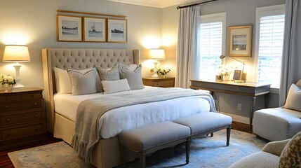 A tranquil bedroom interior featuring a gray and beige color scheme, soft lighting, and a neatly organized desk.