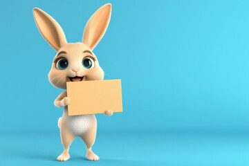 Adorable Rabbit Holding Yellow Sign on Bright Blue Background