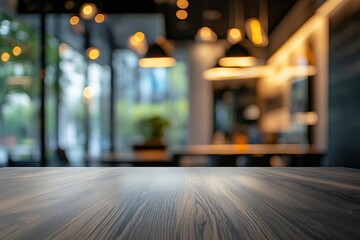 Fototapeta premium Empty wooden table, cafe bokeh background, product display (1)