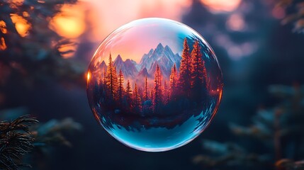 Soap bubble holding a tiny world with vibrant forests mountains and cities glowing under soft light