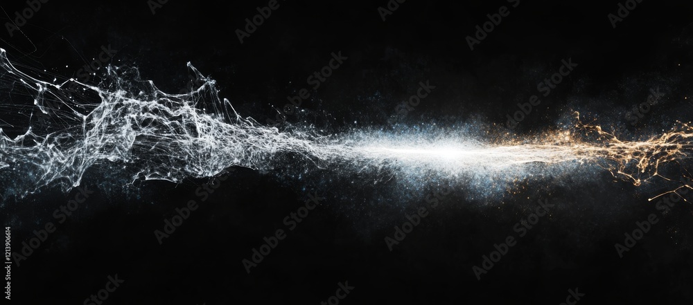 Poster dynamic light beam illuminating ethereal dust particles on a dark background, creating depth and tex