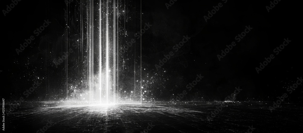 Poster dynamic light beam illuminating ethereal dust particles on a dark background, creating depth and tex