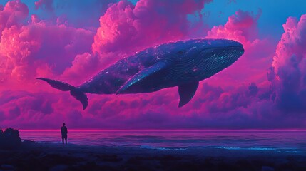 An enormous, transcendent whale suspends itself amidst a canvas of dazzling clouds during the twilight hour
