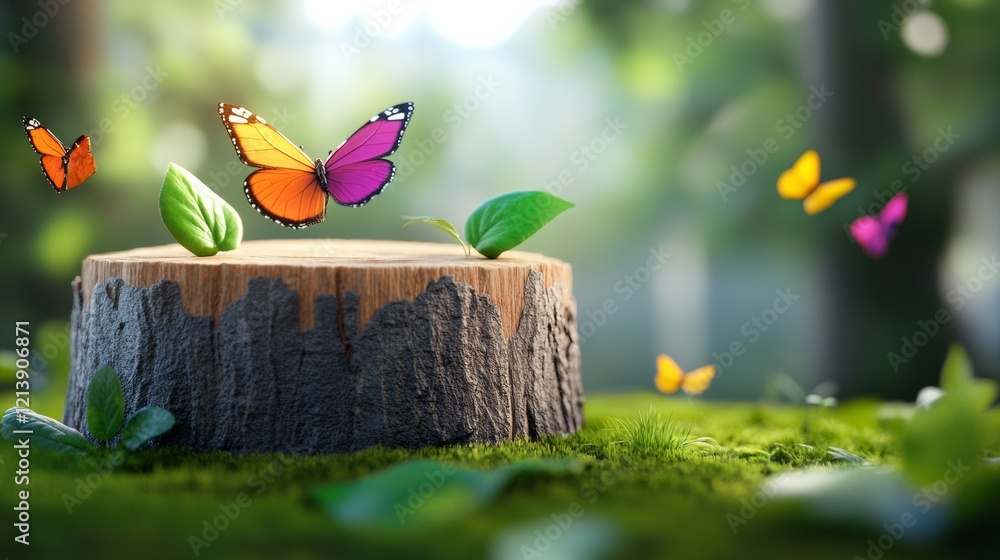 Poster tree stump with a butterfly on top of it. there are three butterflies in the image, one on the stump