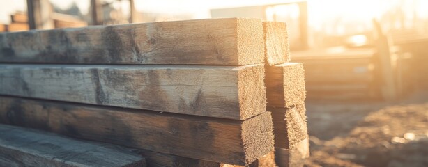 Beautifully arranged wooden beams stacked at construction site under the sun showcasing natural wood textures