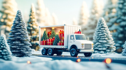 Open white cargo truck with Christmas trees & gifts inside