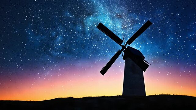 A serene windmill under a starry night sky, capturing the essence of tranquility.
