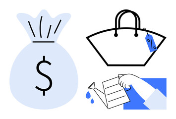 Money bag with dollar sign symbolizing wealth, a shopping bag with a price tag representing spending, and a hand watering plants illustrating nurturing investments. Ideal for finance, budgeting