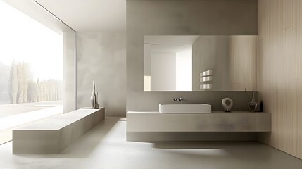 Minimalist bathroom with a floating vanity and frameless mirror