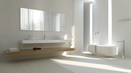 Minimalist bathroom with a floating vanity and frameless mirror