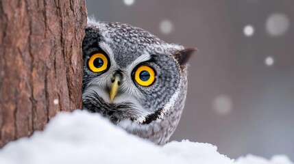Naklejka premium Small owl with yellow eyes is peeking out from behind a tree trunk. The image has a calm and peaceful mood, as the owl is not in a dangerous or threatening situation