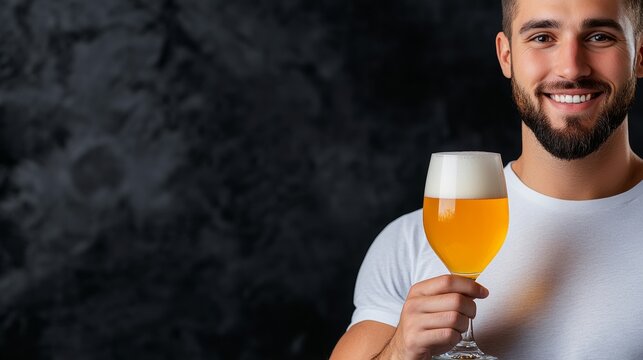 Man is holding a glass of beer and smiling. Concept of relaxation and enjoyment, as the man is posing with his drink. The glass itself is a symbol of celebration and camaraderie