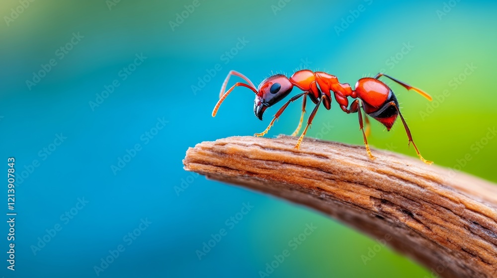 Poster red ant is standing on a branch. the branch is brown and the background is blue. the image has a cal