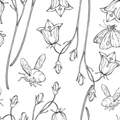 Outline seamless pattern with bellflowers and butterfly and bumblebee.