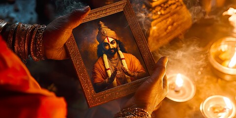 Close up of Hands Holding Shivaji Maharaj Portrait During Prayer