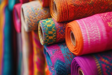 Colorful fabric rolls stacked in market