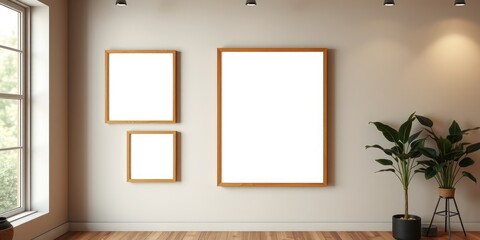 Modern minimalist interior with three blank wood frames and a potted plant