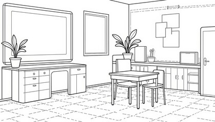 Line drawing of a room with a desk, table, chairs, plants, and cabinets and decorative framed walls