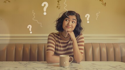 Thoughtful young woman sitting in a minimalist setting surrounded by decision marks, reflecting on choices