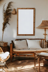 Mockup frame displayed in a cozy farmhouse living room interior, rustic wooden furniture, warm color palette, soft natural lighting, inviting atmosphere, detailed textures. generative ai.