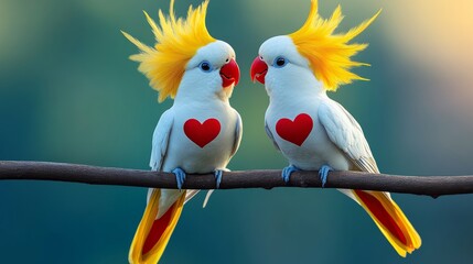Two parrots with hearts on their chests sit on a branch. The birds are yellow and white