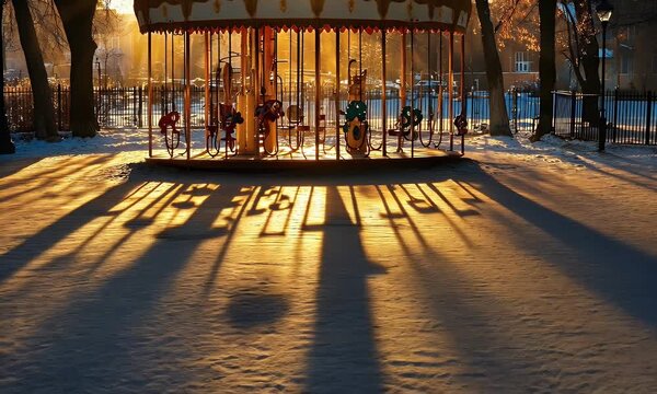 Winter sunrise park carousel shadows snow. Generative ai
