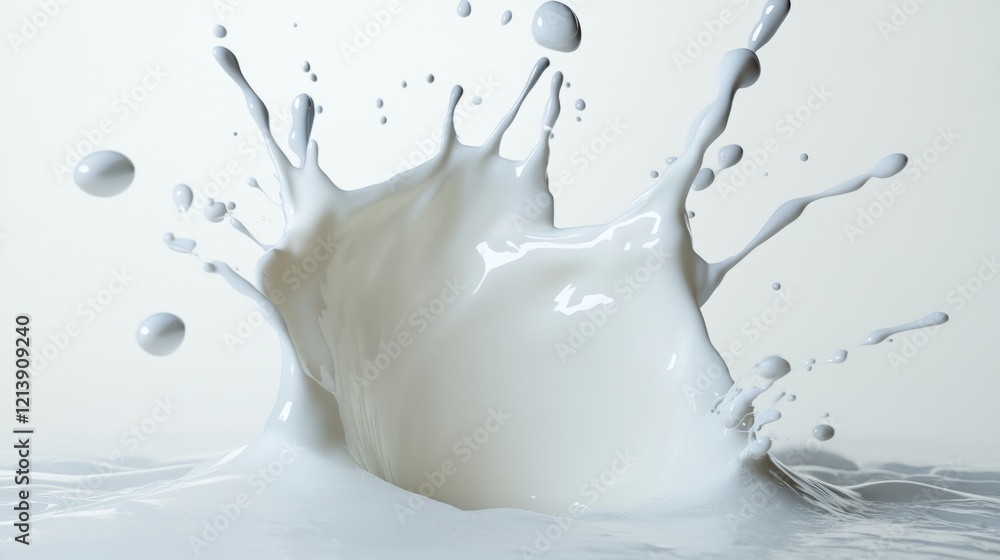 Poster splash of milk is shown in a white background. the splash is large and covers a significant portion 