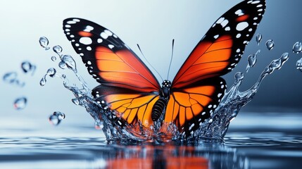 Fototapeta premium Butterfly is flying over a body of water. The water is splashing and the butterfly is surrounded by droplets. Concept of freedom and beauty, as the butterfly soars above the water