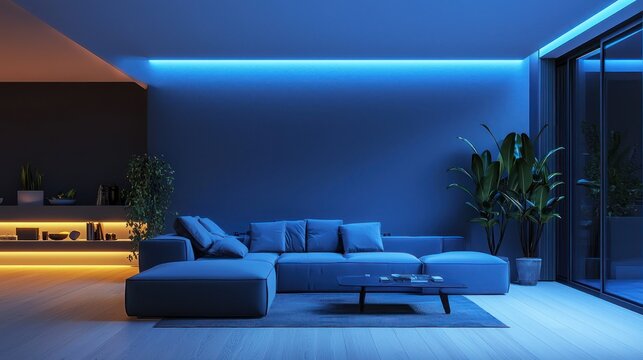 Fototapeta A sleek, minimalist living room with LED strip lights running along the ceiling and under the furniture, creating a futuristic atmosphere.