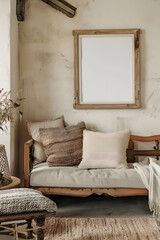 Mockup frame displayed in a cozy farmhouse living room interior, rustic wooden furniture, warm color palette, soft natural lighting, inviting atmosphere, detailed textures. generative ai.