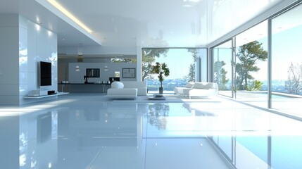 A sleek, modern home with large windows, minimalist furniture, and high-tech gadgets throughout.