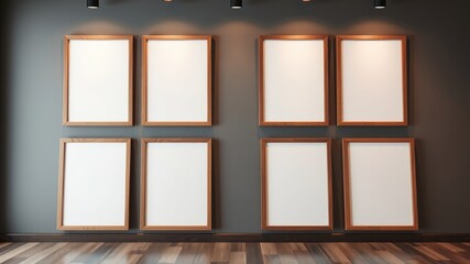 Empty wooden picture frames on a dark wall in a modern interior