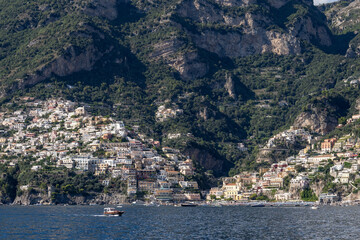 Positano village and cliff rock along the Amalfi coast, Campania, Italy.