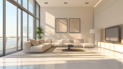 A sleek modern living room with minimalist furniture, large windows, and neutral colors, emphasizing simplicity and elegance