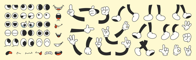 Set of 70s groovy comic faces vector. Collection of cartoon character faces, leg, hand in different emotions happy, angry, sad, cheerful. Cute retro groovy hippie illustration for decorative, sticker. © TWINS DESIGN STUDIO