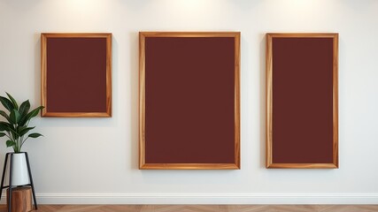 Empty wooden picture frames on a white wall in a modern interior