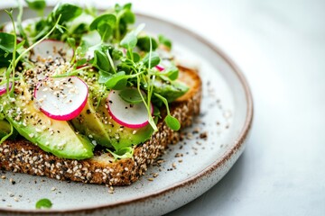 Avocado toast with radish & microgreens, kitchen setting, healthy meal