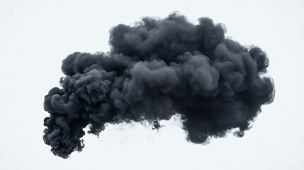 Voluminous black smoke cloud against a clean white backdrop with wisps