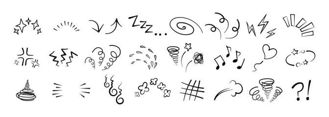 Manga or anime comic emoticon element graphic effects hand drawn doodle vector illustration set isolated on white background. Line style manga doodle line expression scribble anime mark collection.