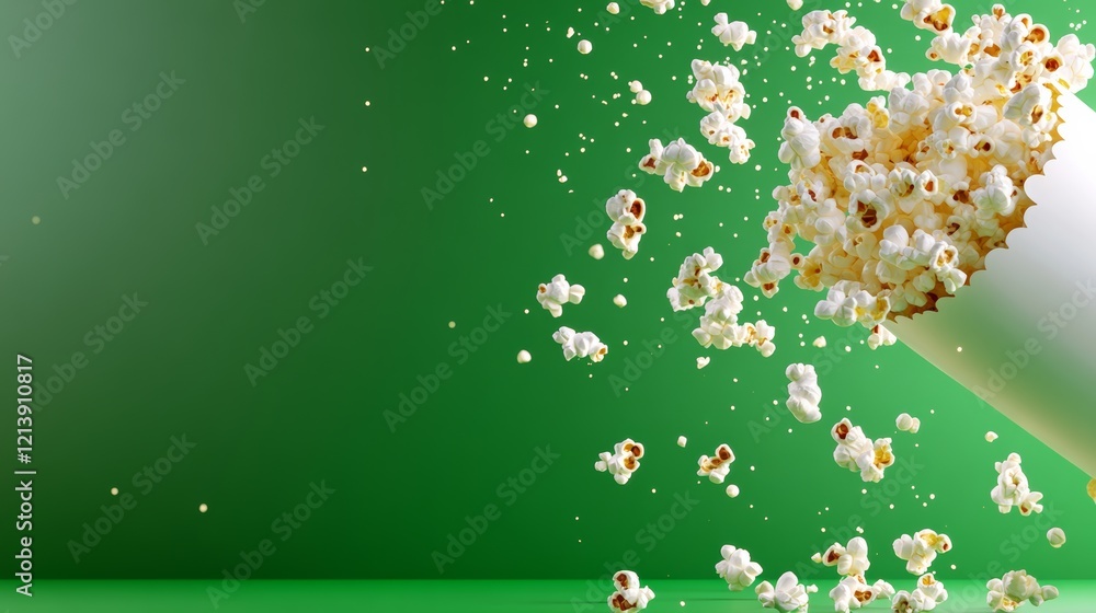 Poster green background with a white container of popcorn. the popcorn is falling out of the container and 